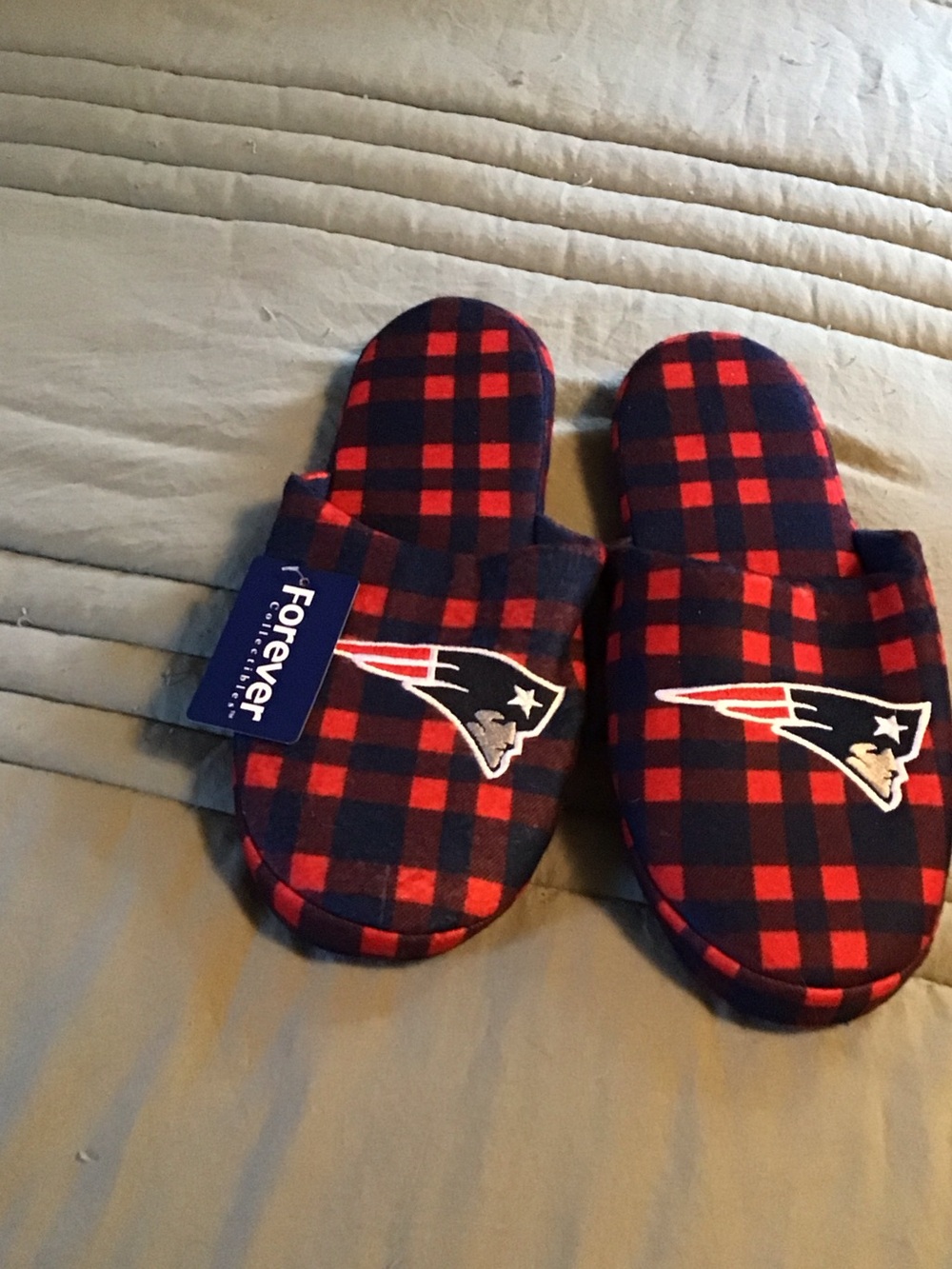 Men’s Red & Navy Plaid Slip-On Slippers with Team Patch